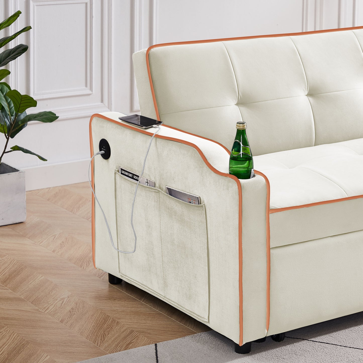 Sofa Bed, 3 In 1 Convertible Sofa Chair Bed, Adjustable Backrest Chair, Chaise Lounge With USB Ports, Cup Holder, Side Pocket