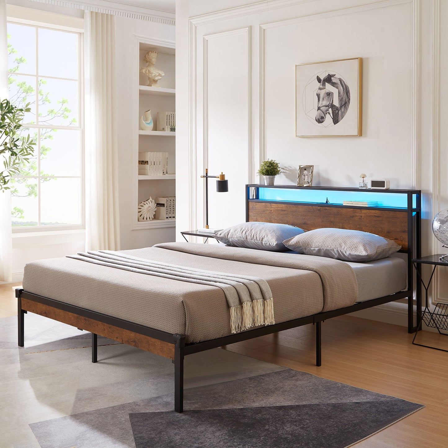 King Size Metal Platform Bed Frame With Wooden Headboard And Footboard With USB Liner, LED Lights, No Box Spring Needed, Large Under Bed Storage - Brown