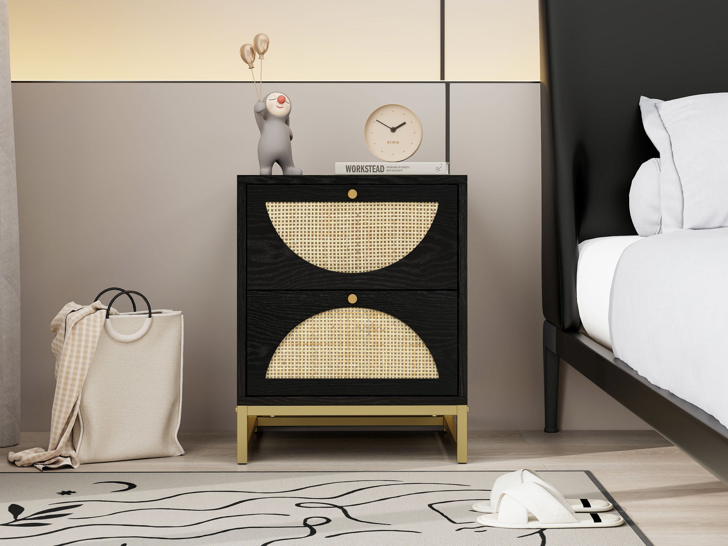 Allen - 2 Drawer Side Table, Display Rack For Bedroom And Living Room, Nightstand Side Table Bedroom Storage Drawer Bedside End Table - Black / Beige
