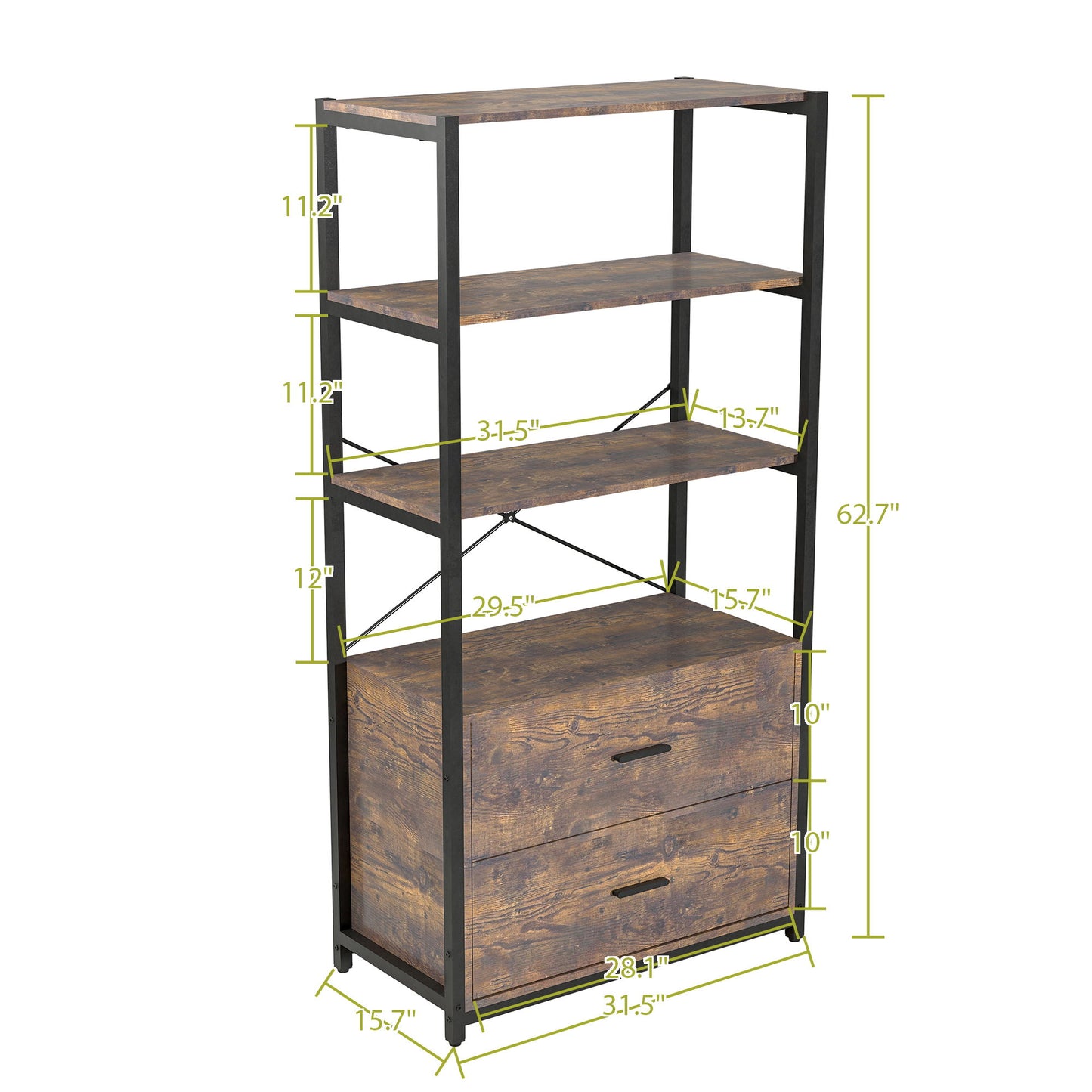 Industrial Bookcase With File Cabinet Drawers, 62.7 In Tall Bookshelf 4 Tier, Freestanding Storage Home Office Cabinet Organizer, Rustic Home Decor - Vintage Brown