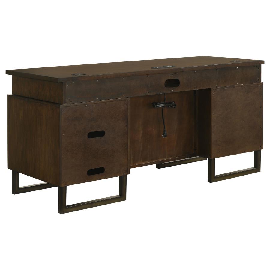 Marshall - 5-Drawer Credenza Desk With Power Outlet - Dark Walnut and Gunmetal
