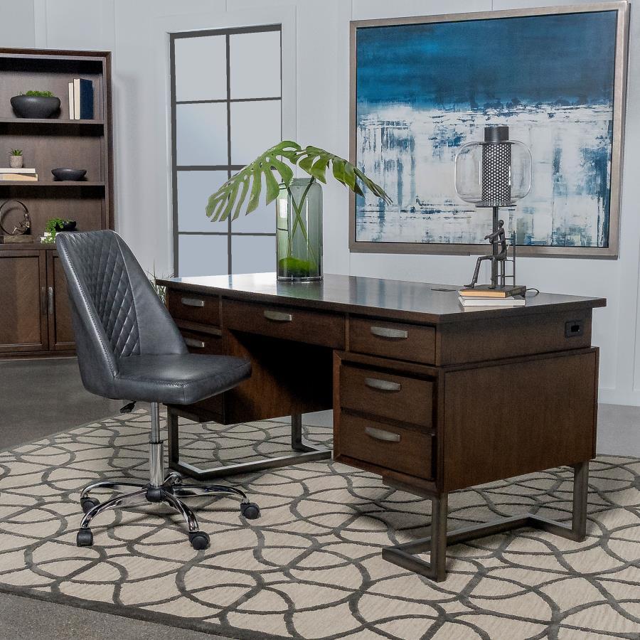 Marshall - 6-Drawer Executive Desk - Dark Walnut and Gunmetal