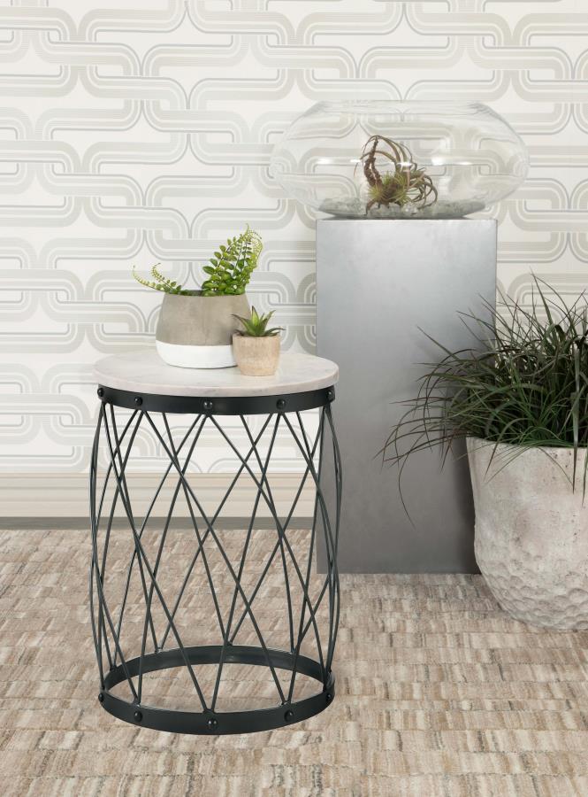 Tereza - Round Accent Table With Marble Top - White and Black