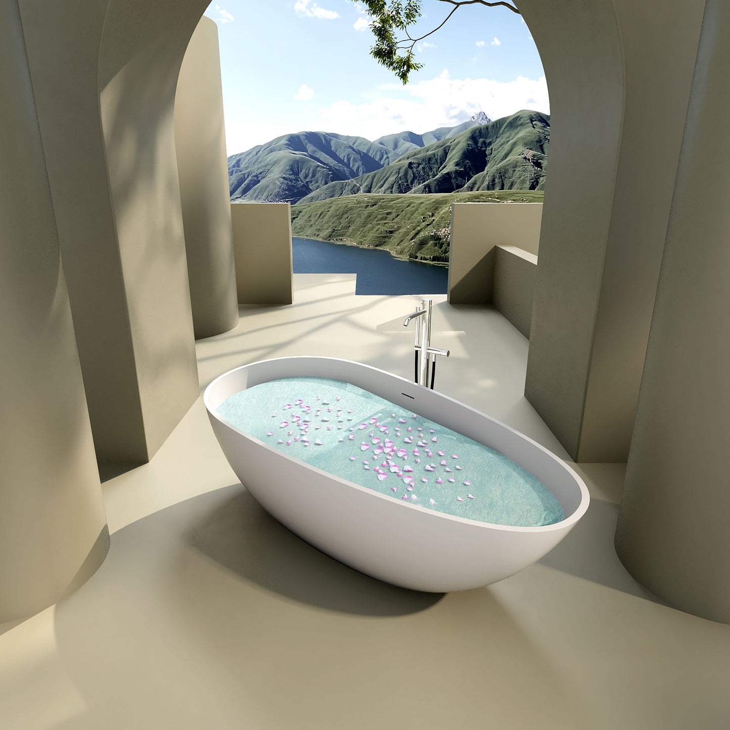 59" Freestanding Solid Surface Bathtub, Luxury Engineered Stone Resin Freestanding Soaking Bathtub With Overflow And Pop-Up Drain Cupc Certified 22S02-59-1 - Matte White