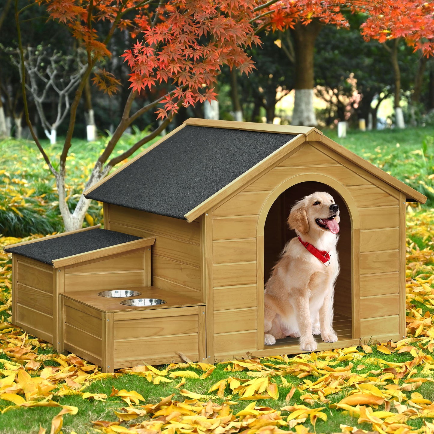 Large Size Wooden Dog House, Dog Crate For Large Dog Breeds, Cabin Style Raised Dog Shelter With Asphalt Roof, Solid Wood, Weatherproof - Nature