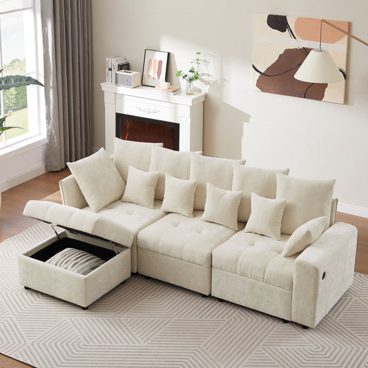Sectional Sofa Modular Sofa Couch With Three USB Ports, A Removable Storage Ottoman And Five Back Pillows For Living Room