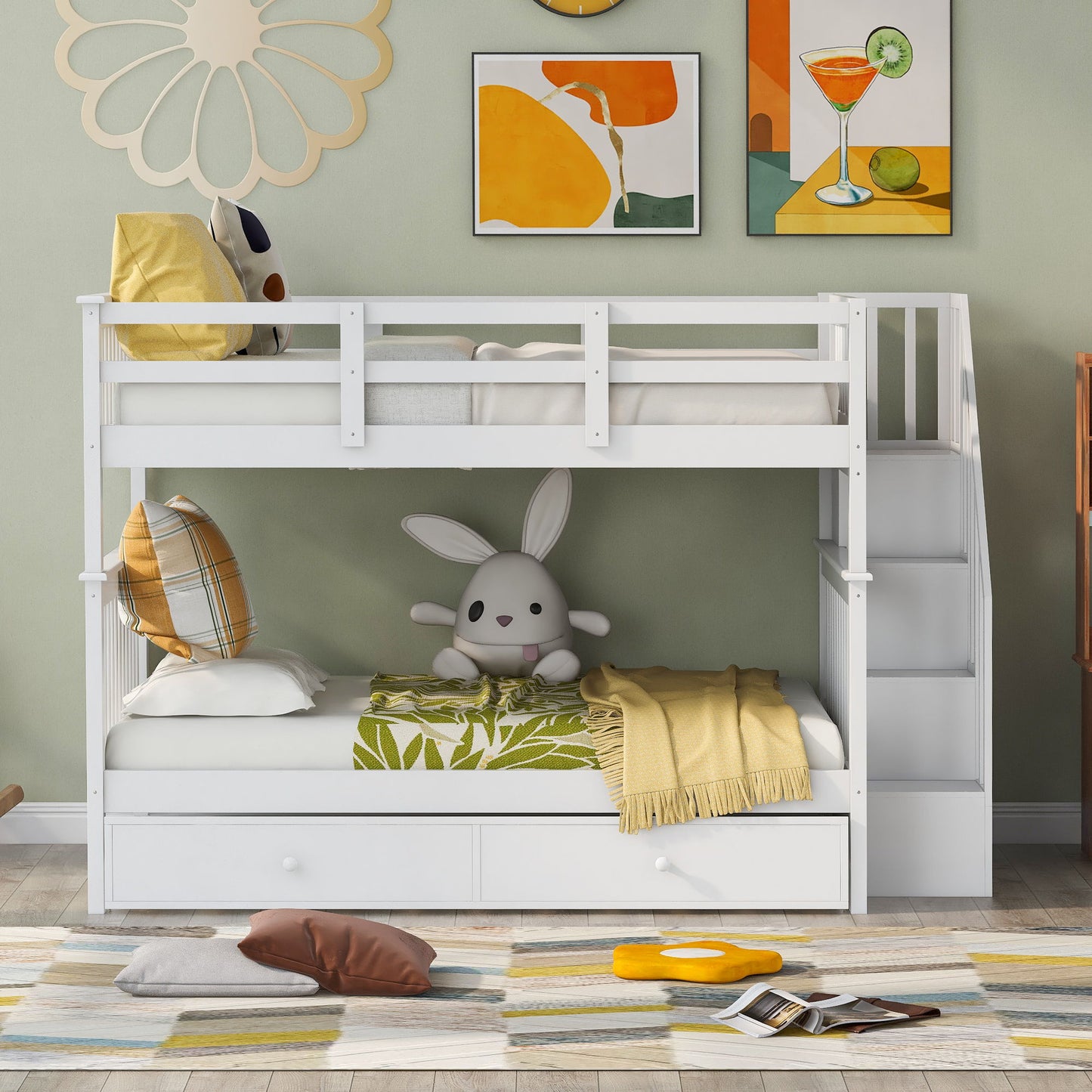 Stairway Bunk Bed With Twin Size Trundle, Storage And Guard Rail For Bedroom, Dorm