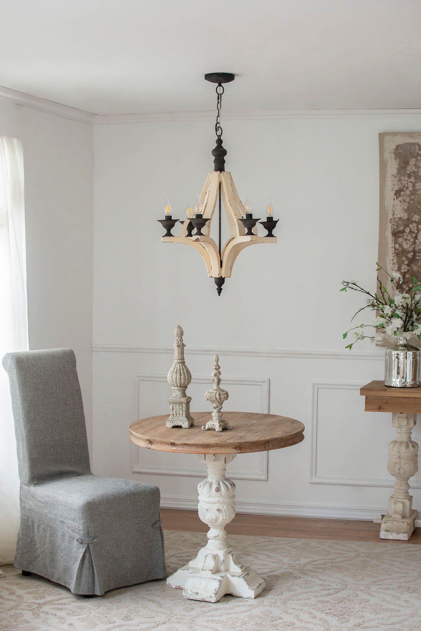 6 Light Wood Chandelier, Hanging Light Fixture With Adjustable Chain For Kitchen Dining Room Foyer Entryway, Bulb Not Included - Cream