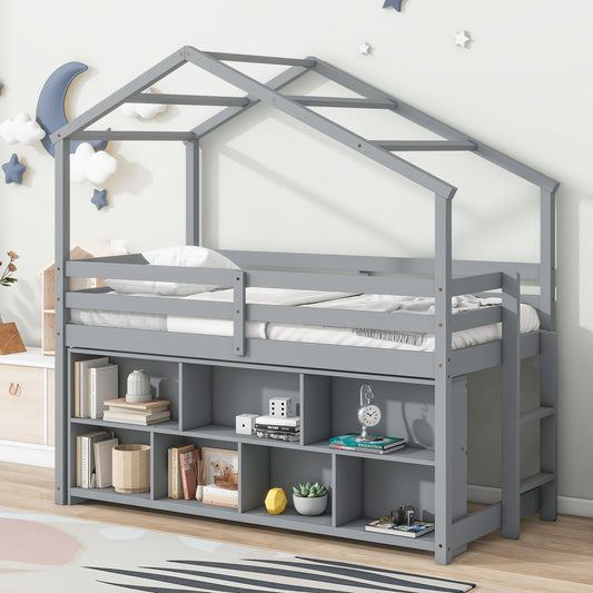 House Loft Bed With Roof Frame, Under Bed Shelving Storage Unit, Guardrails, Ladder