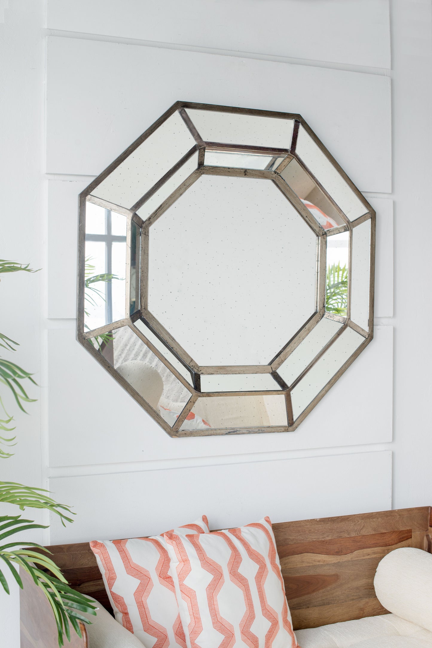Oversized Silver Octagon Mirror, Mid Century Modern Accent Mirror, For Living Room, Hallway - Silver