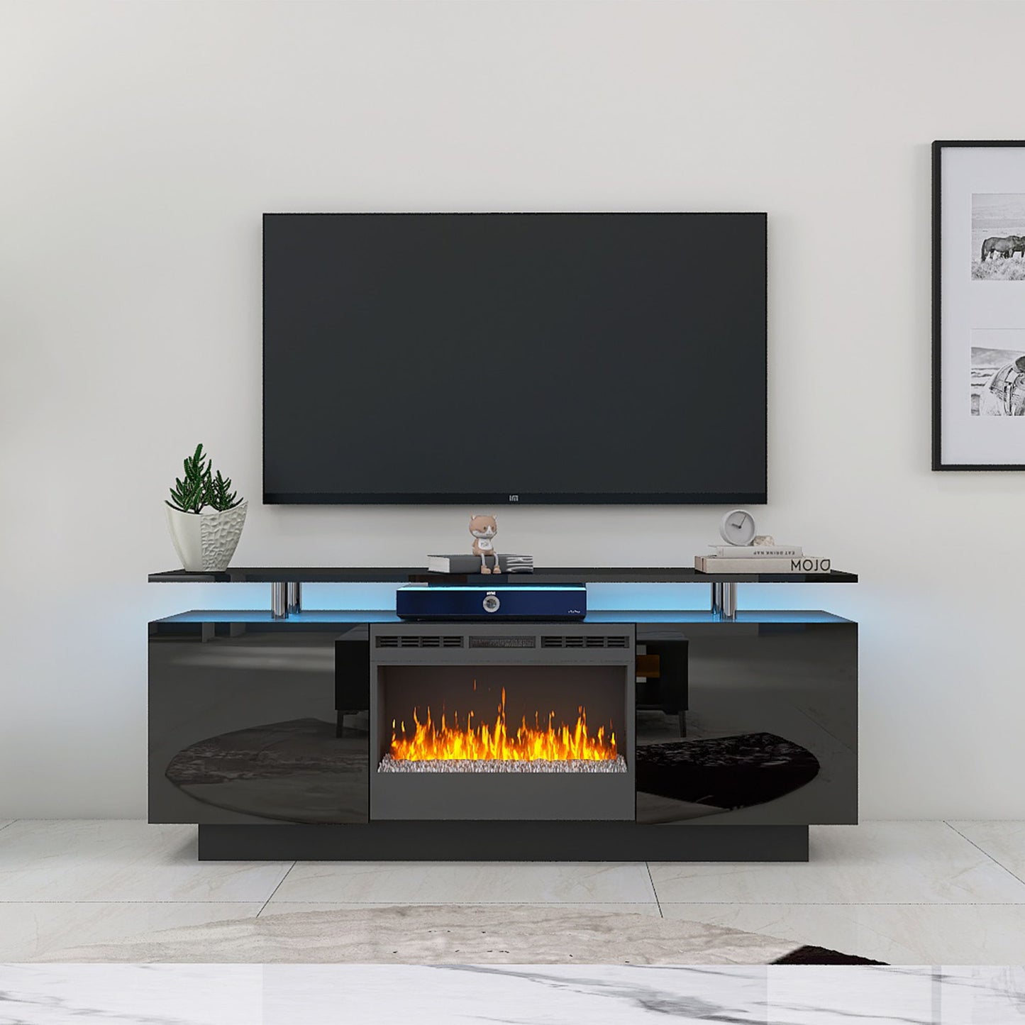 Large TV Cabinet With Fireplace Can Heating Change Color 9 Models 8 Levels Have LED Light - Black
