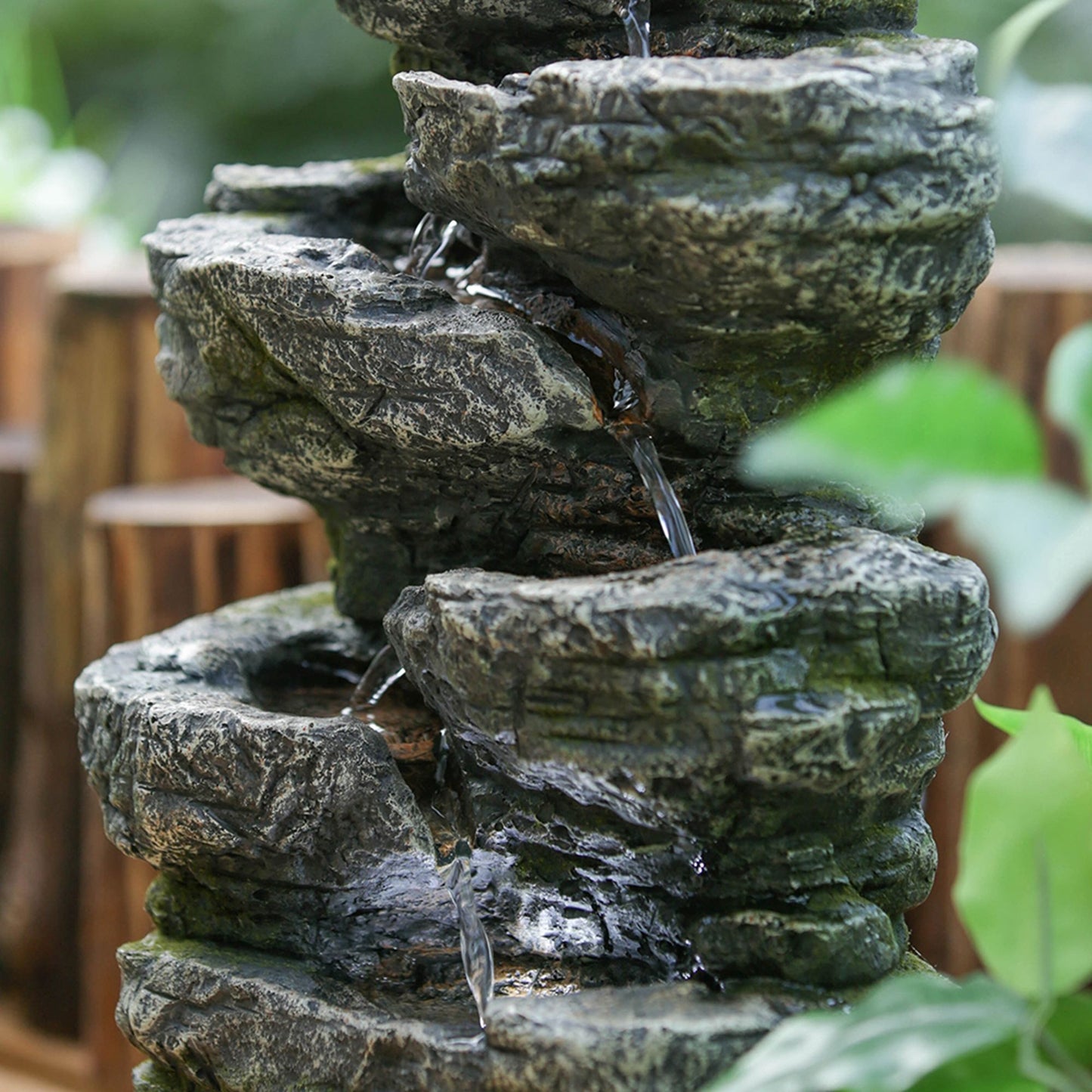 Indoor Stone-Look Water Fountain, 7 Tier Polyresin Cascading Rock Tabletop Fountain With LED Light - Gray