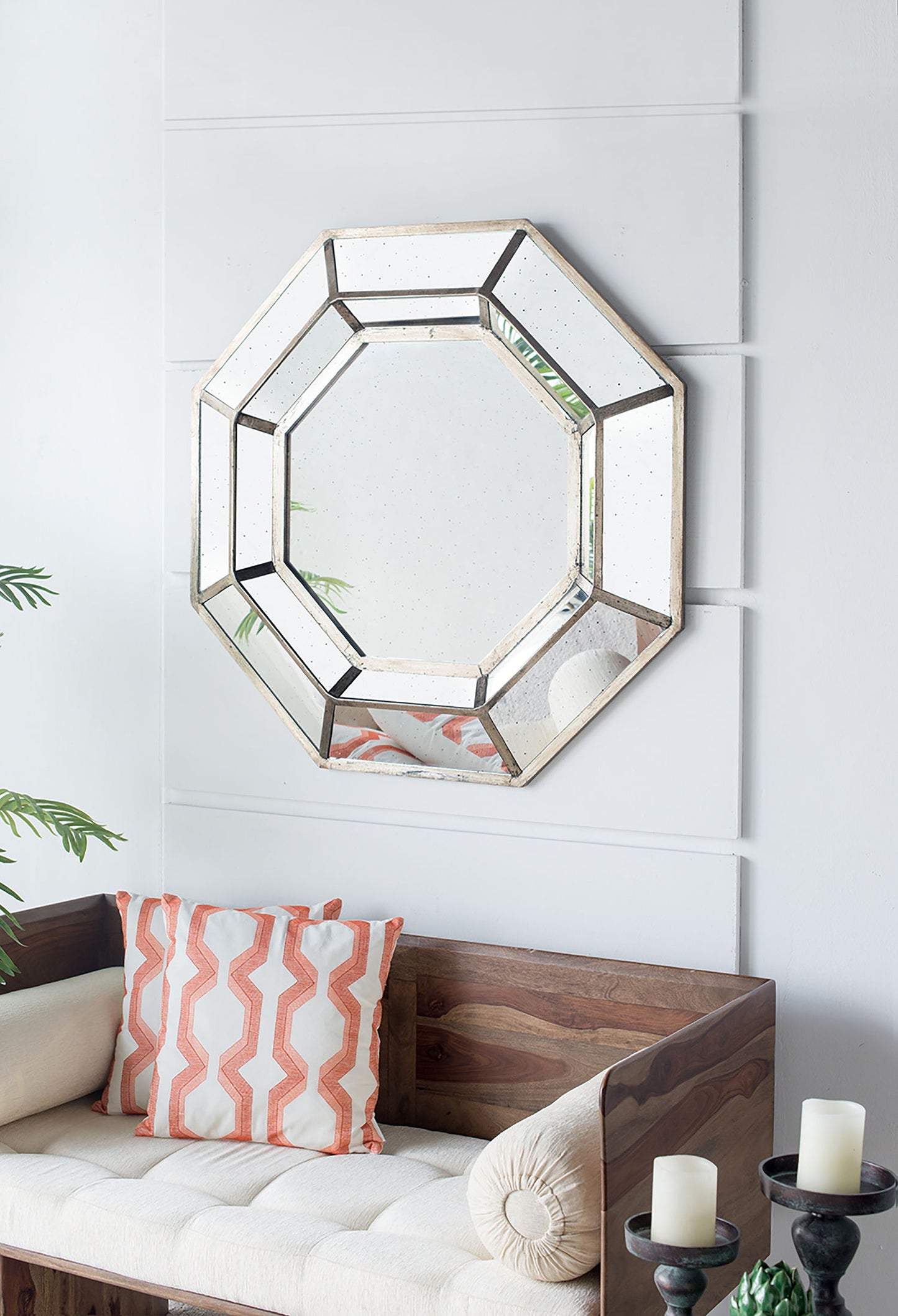 Oversized Silver Octagon Mirror, Mid Century Modern Accent Mirror, For Living Room, Hallway - Silver