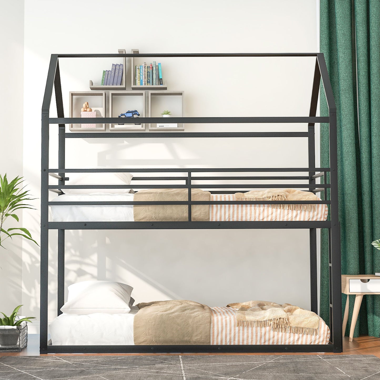 Bunk Beds For Kids Twin Over Twin, House Bunk Bed Metal Bed Frame Built-In Ladder, No Box Spring Needed