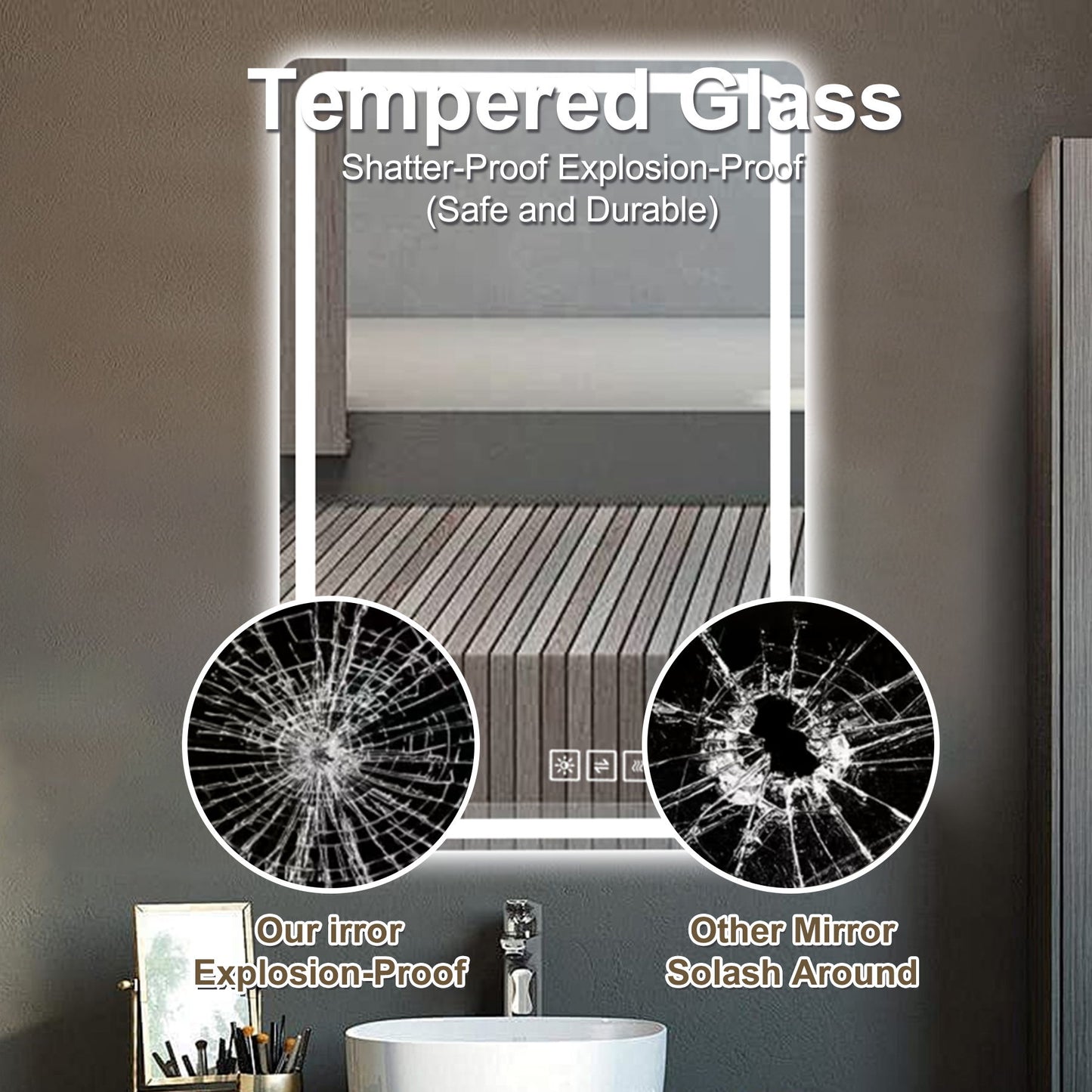 LED Bathroom Mirror Vanity Mirrors With Front Lights Wall Mounted Anti-Fog Frameless Make Up Mirror With Light 5 Mm Copper-Free Silver Mirror Horizontal Or Vertical