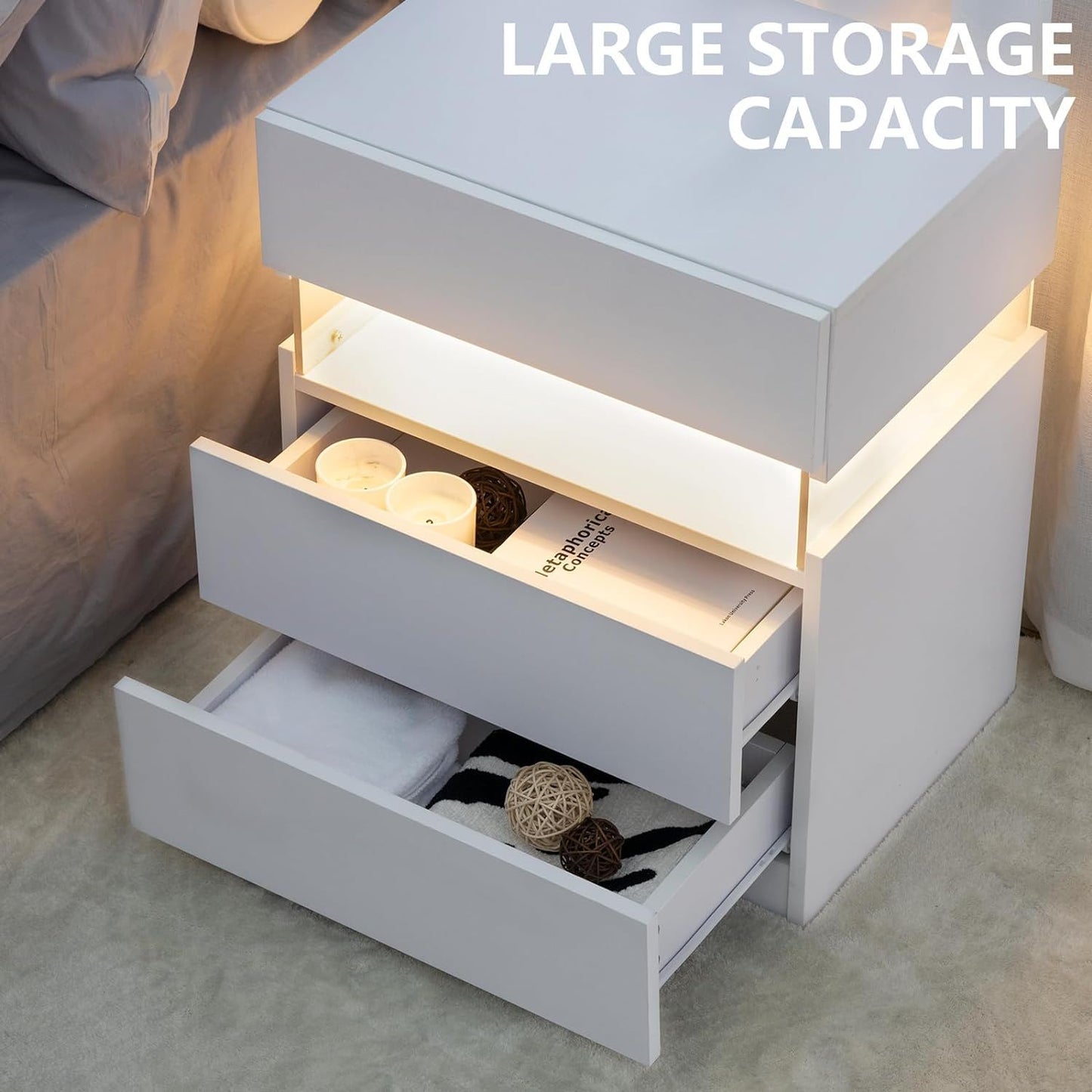 LED Nightstands 3 Drawer Dresser For Bedroom End Table With Acrylic Board LED Bedside Tables For Bedroom Living Room Bedside Furniture