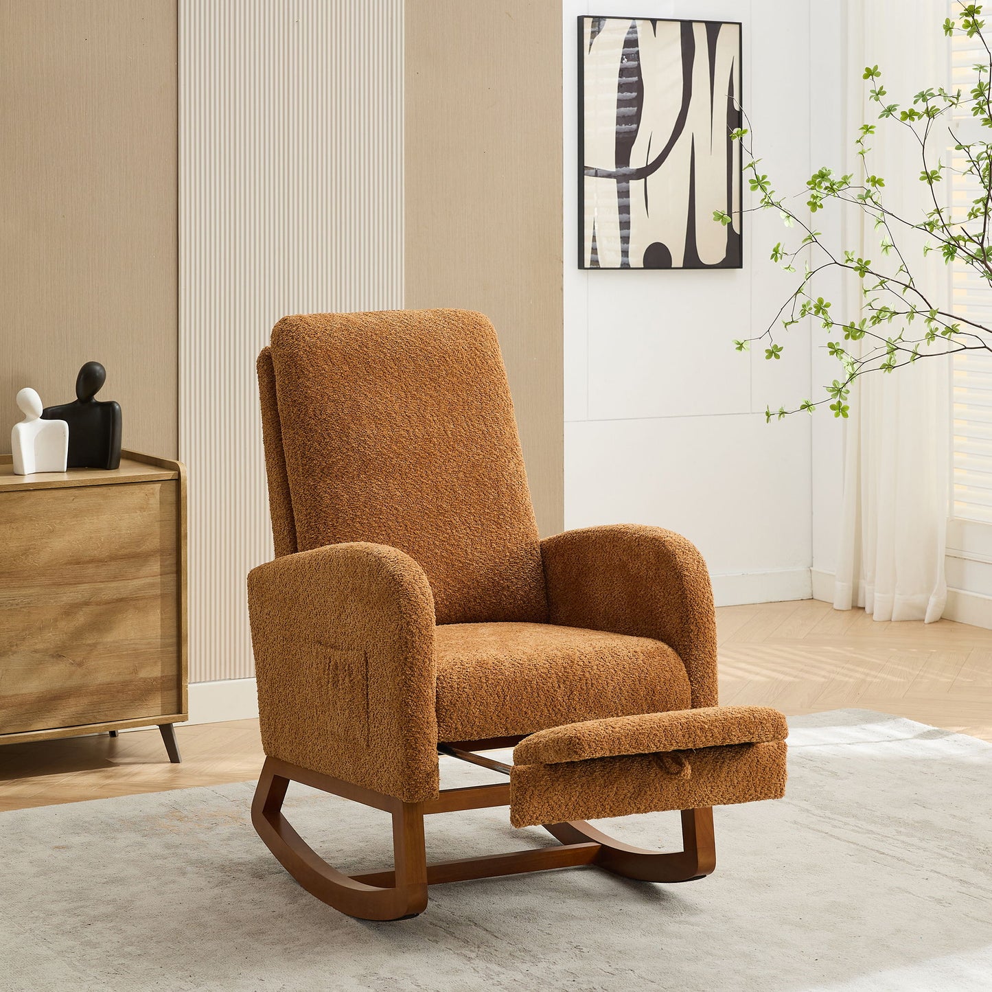 Rocking Chair For Nursery, High Back Glider Chair With Retractable Footrest, Side Pocket, Rocking Accent Armchair With Rubber Wood Legs For Living Room / Bedroom