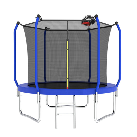 8Ft Trampoline With Basketball Hoop, Astm Approved Reinforced Type Outdoor Trampoline With Enclosure Net - Blue