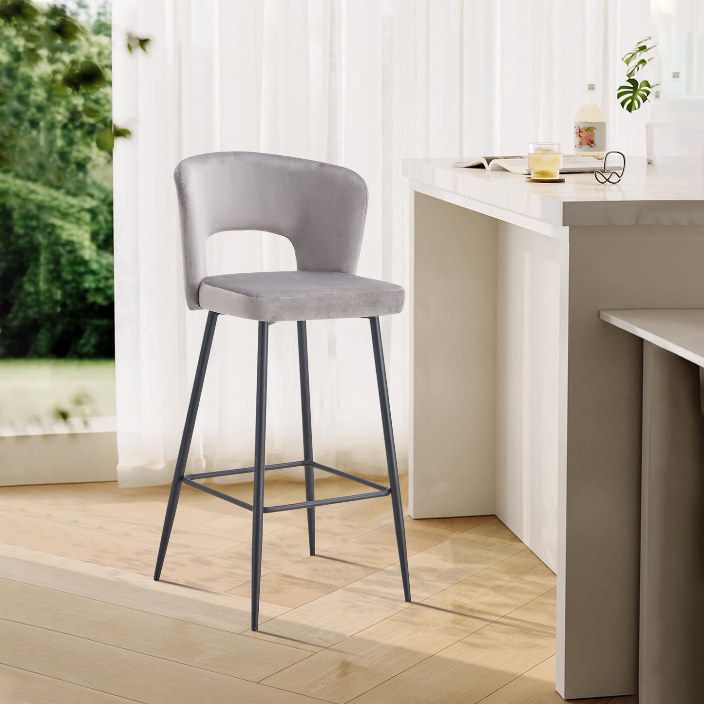 Cloth Armless Stools, Counter Height Modern Velvet Backrest Fabric Bar Chairs, Bar Stool Chair For Kitchen / Balcony With Metal Legs (Set of 2)