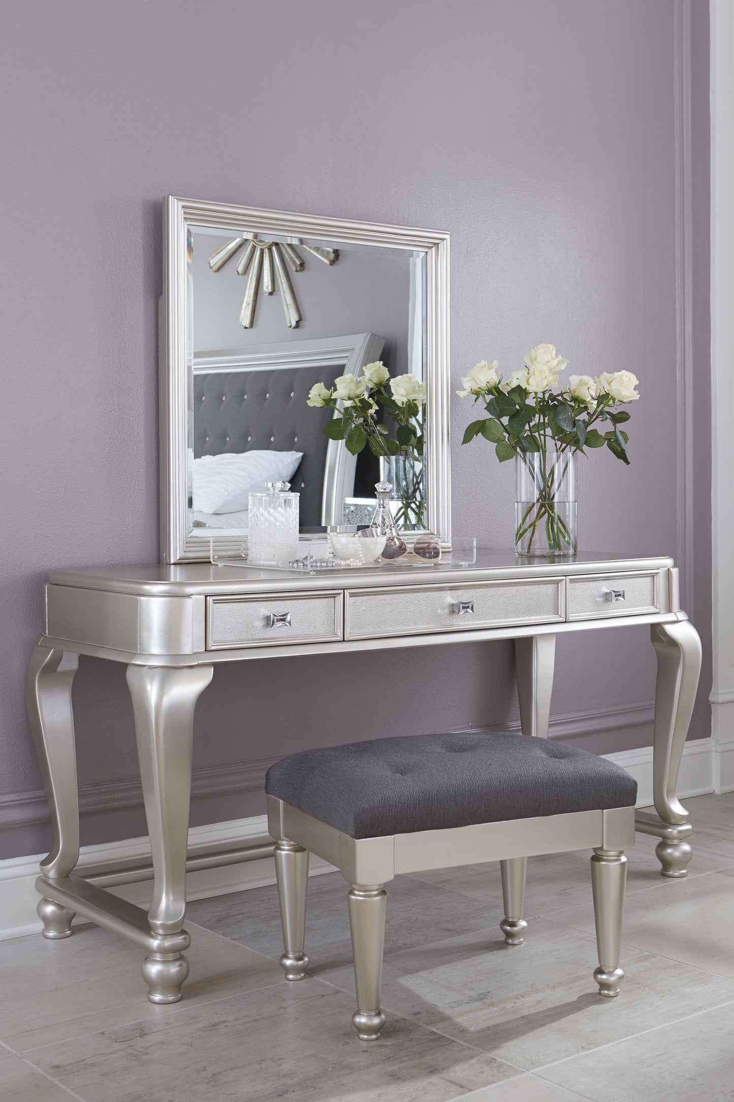 Coralayne - Silver - Upholstered Stool