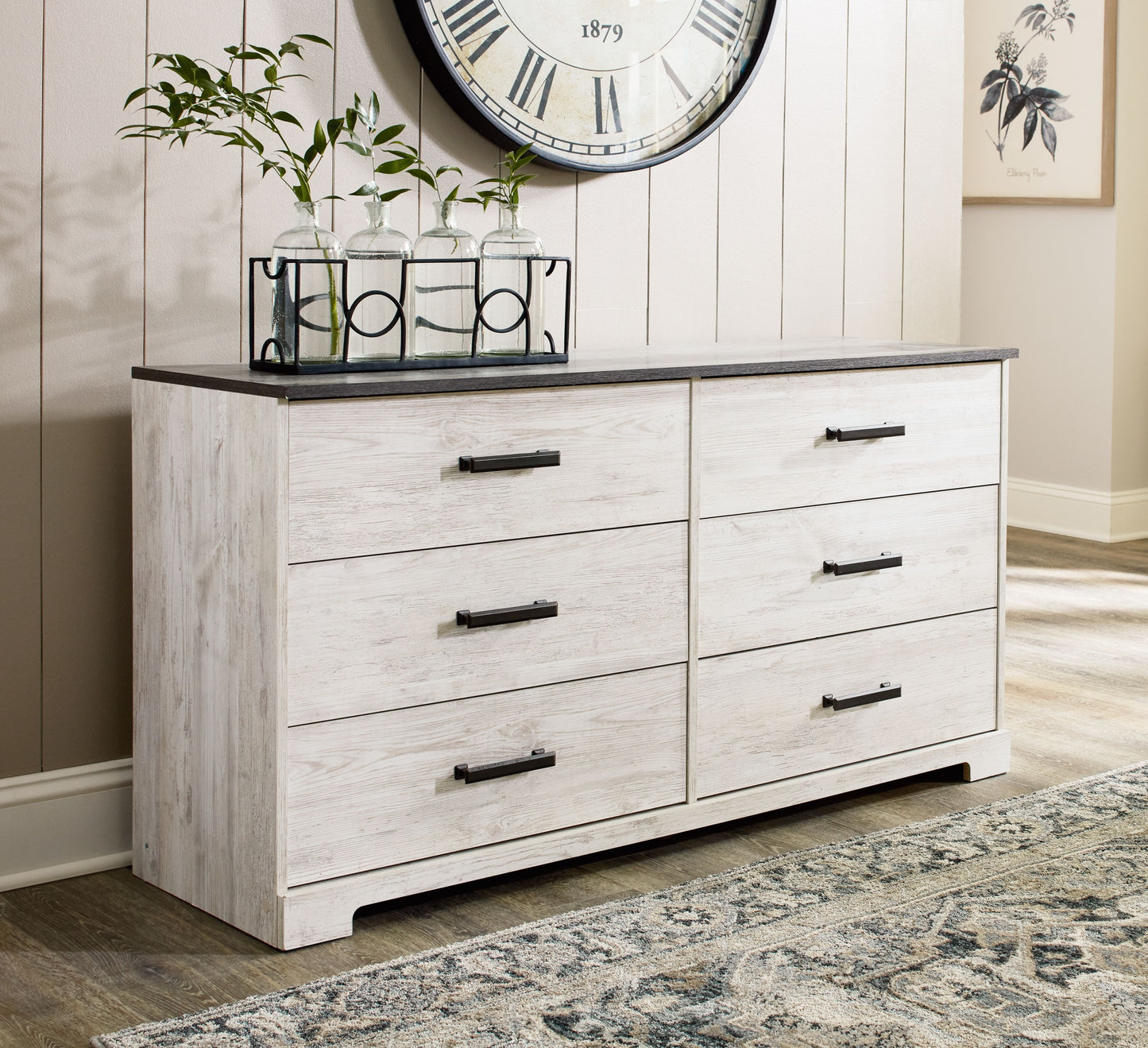 Shawburn - White / Black / Gray - Six Drawer Dresser - Pewter-tone Pulls