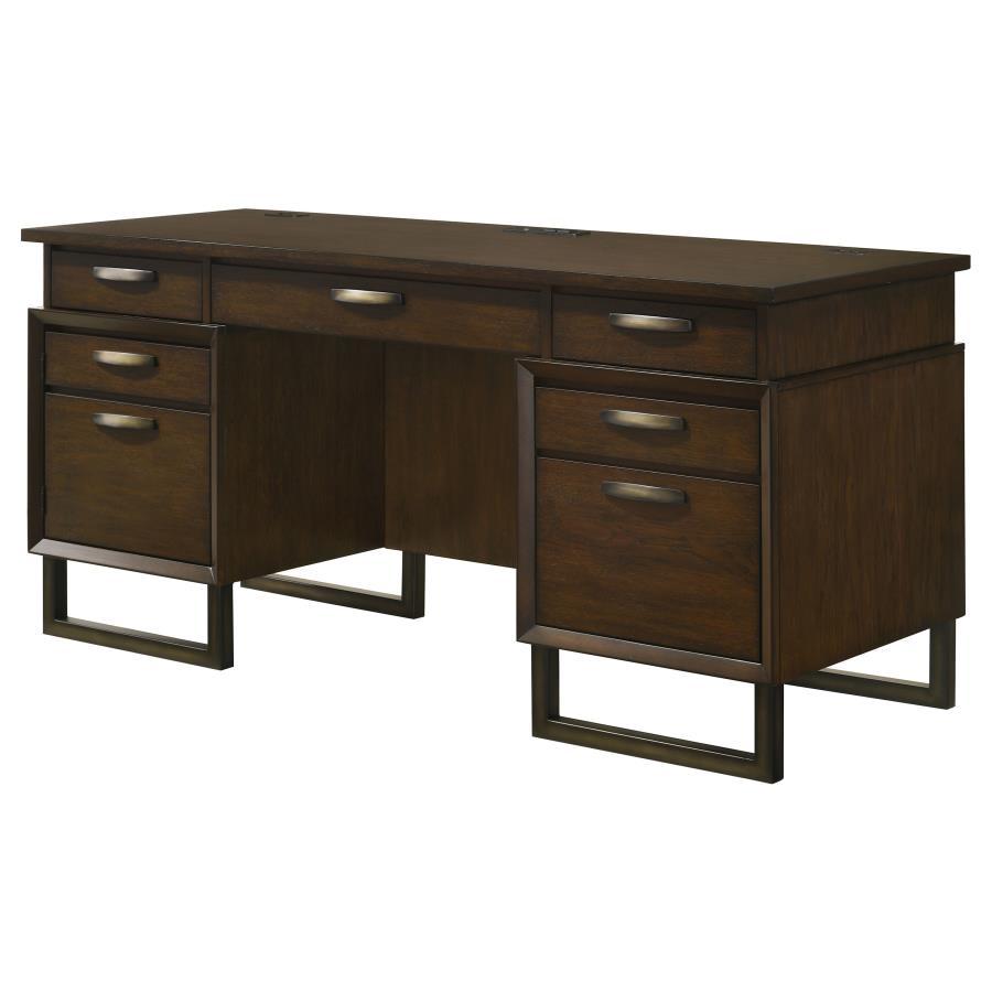 Marshall - 5-Drawer Credenza Desk With Power Outlet - Dark Walnut and Gunmetal