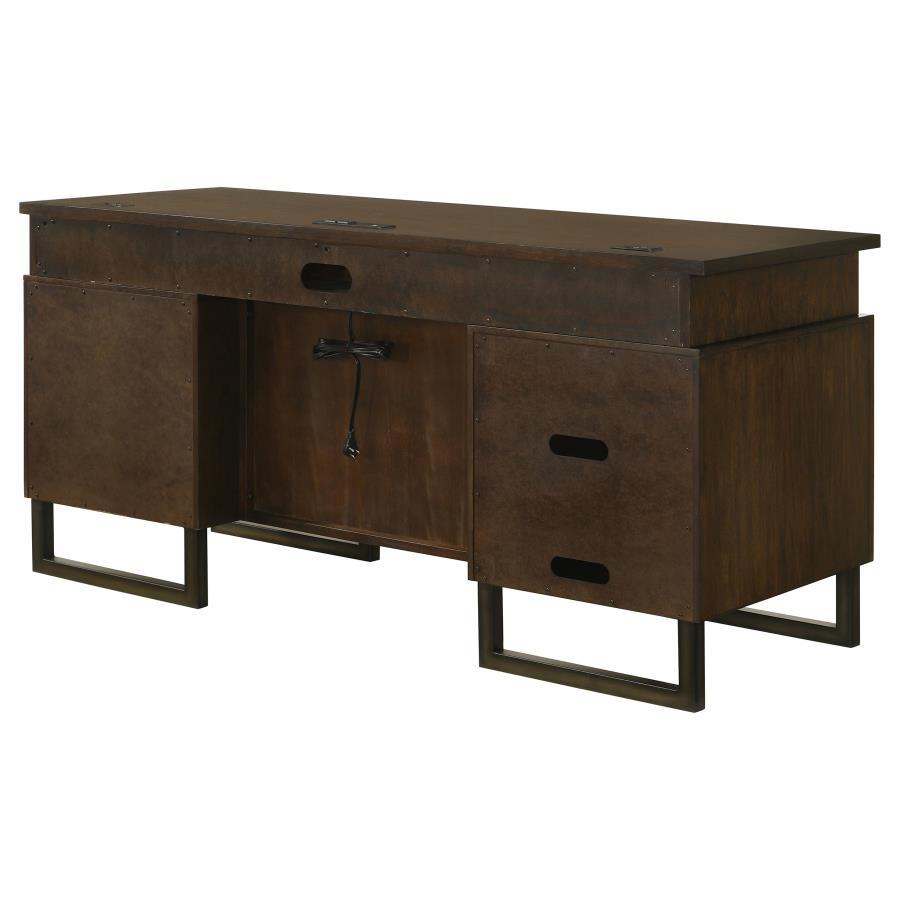 Marshall - 5-Drawer Credenza Desk With Power Outlet - Dark Walnut and Gunmetal