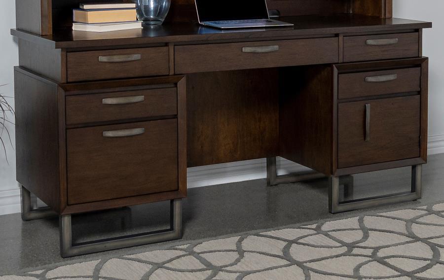 Marshall - 5-Drawer Credenza Desk With Power Outlet - Dark Walnut and Gunmetal