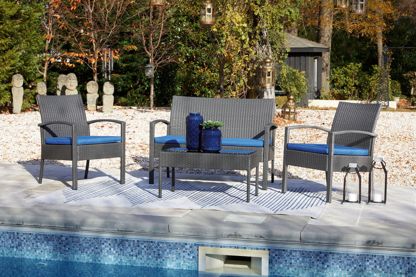 Alina - Gray / Blue - Love/Chairs/Table Set (Set of 4)