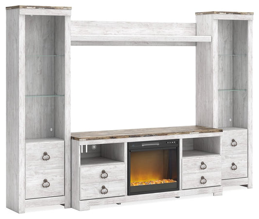 Willowton - Whitewash - 4-Piece Entertainment Center With 64" TV Stand And Glass/Stone Fireplace Insert