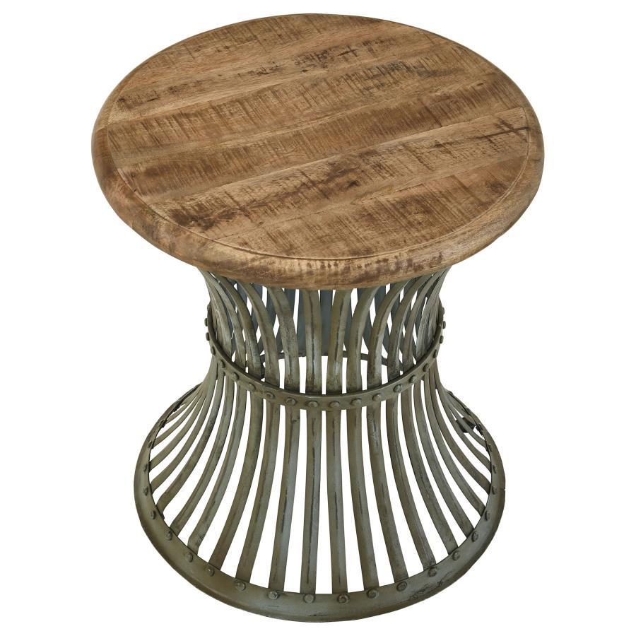 Matyas - Round Accent Table With Natural Top and Blue Distressed Base