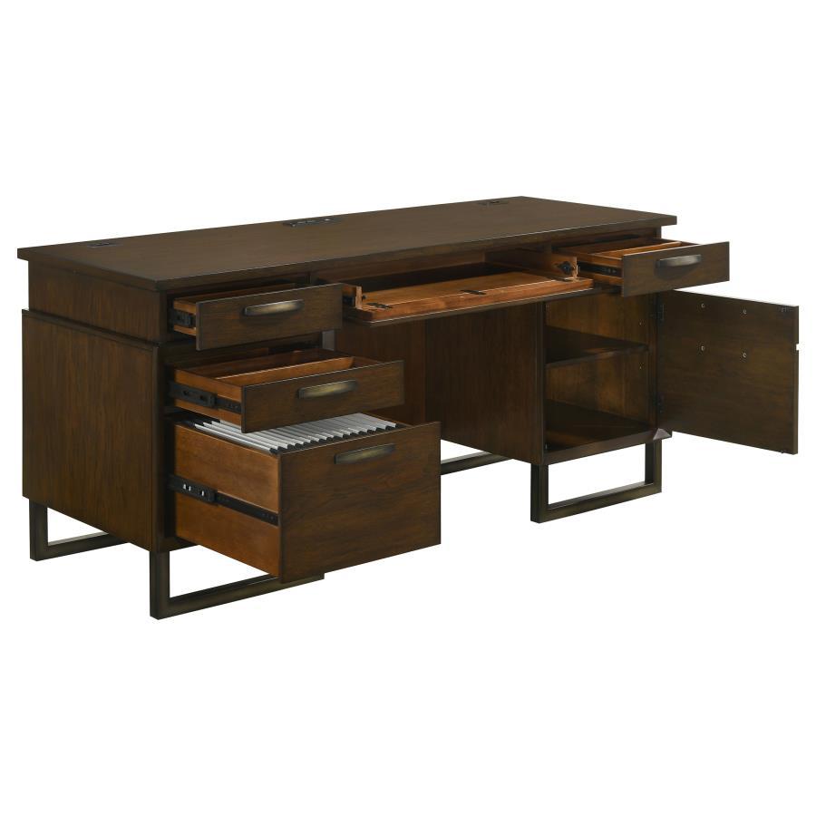 Marshall - 5-Drawer Credenza Desk With Power Outlet - Dark Walnut and Gunmetal