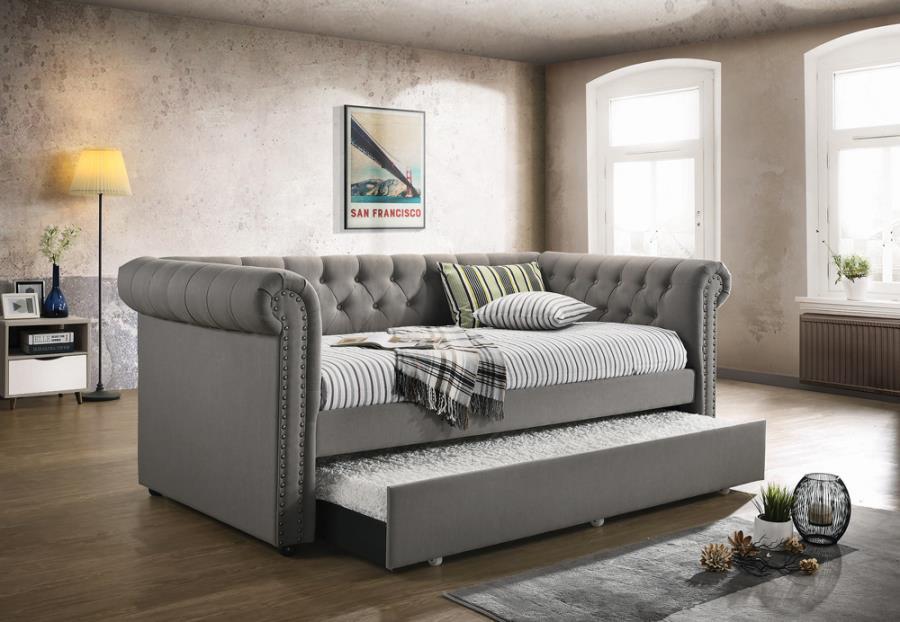 Kepner - Tufted Upholstered Day Bed With Trundle - Gray