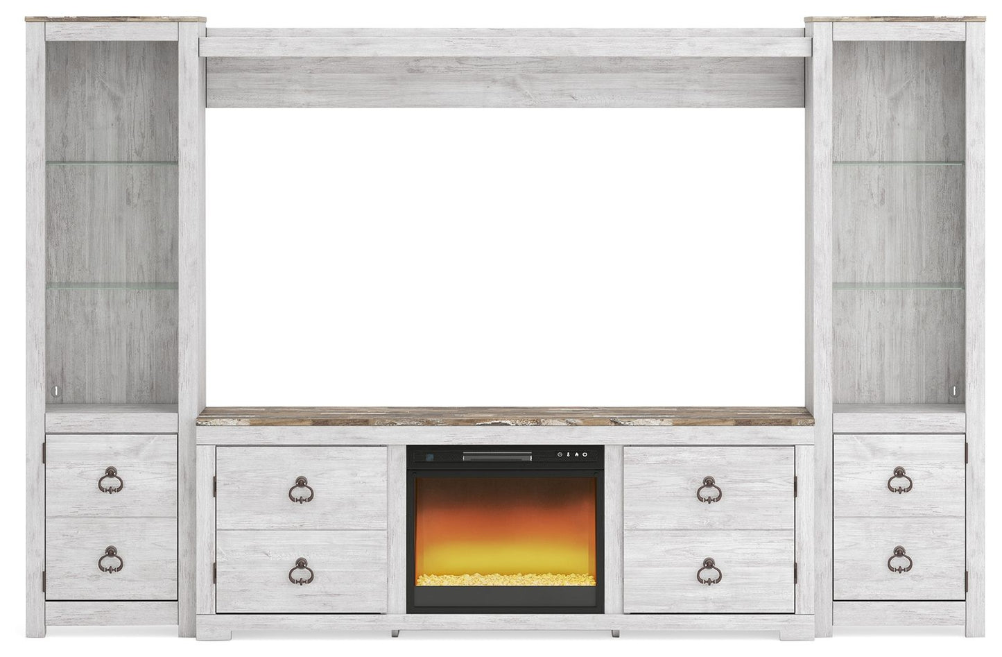Willowton - Whitewash - 4-Piece Entertainment Center With 72" TV Stand And Glass/Stone Fireplace Insert