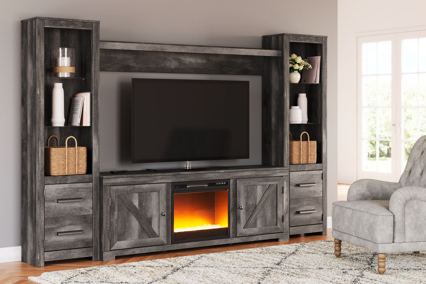 Wynnlow - Gray - 4-Piece Entertainment Center With Glass/Stone Fireplace Insert