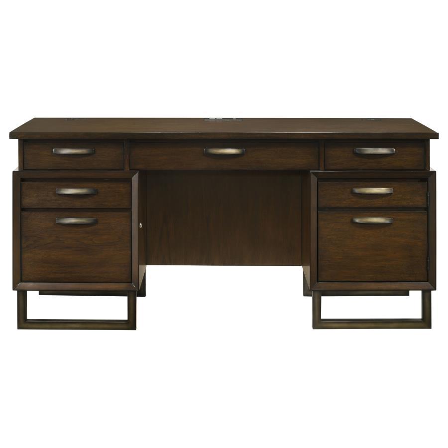 Marshall - 5-Drawer Credenza Desk With Power Outlet - Dark Walnut and Gunmetal