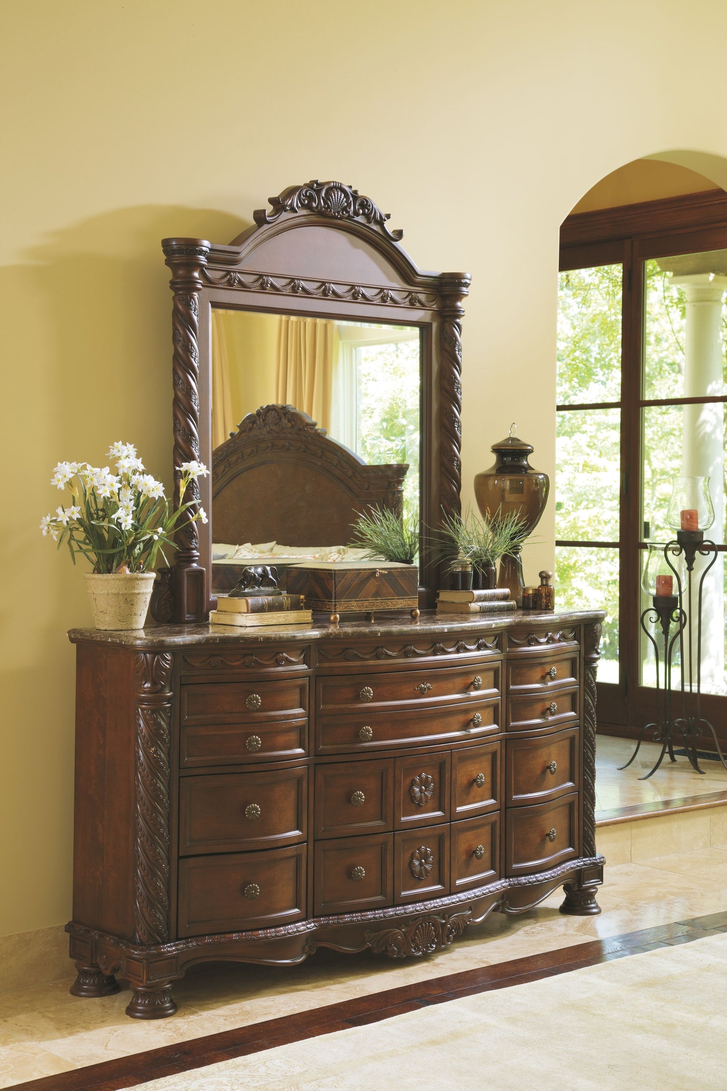 North Shore - Dark Brown - 10 Pc. - Dresser, Mirror, Chest, King Poster Bed With Canopy, 2 Nightstands