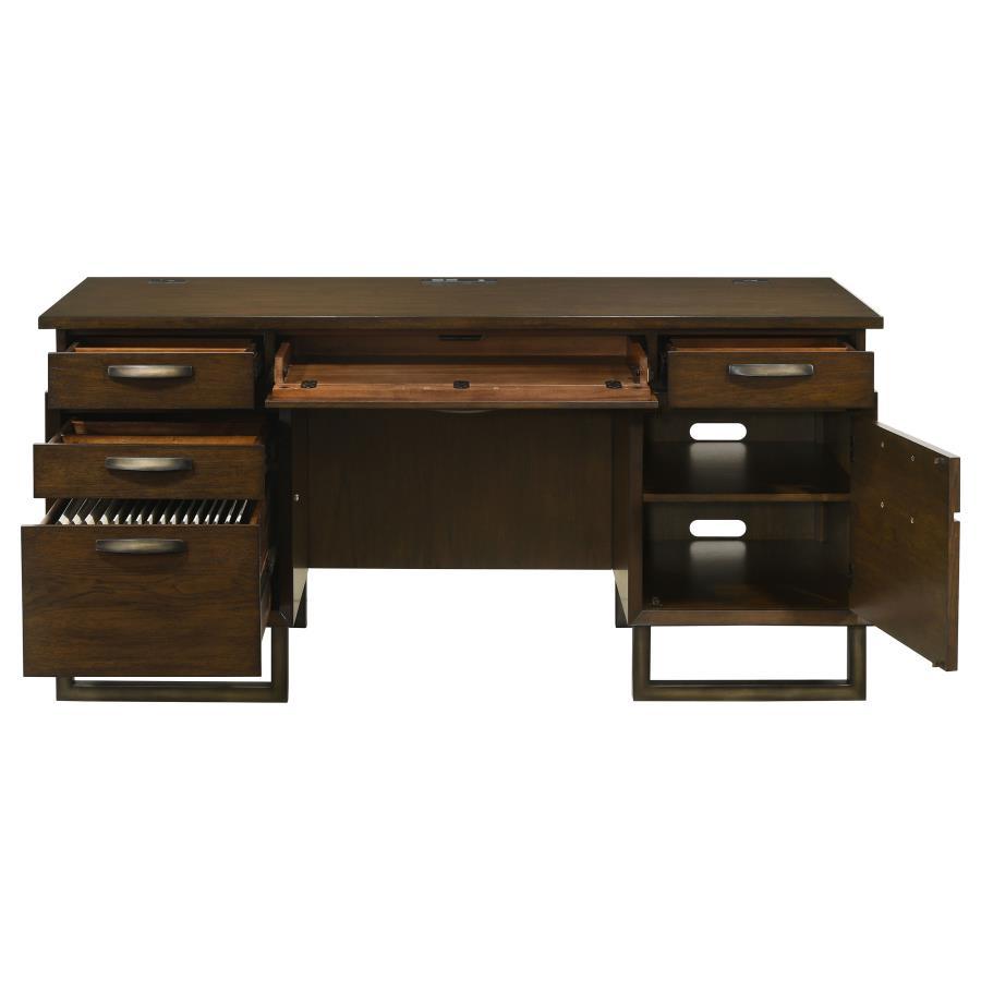 Marshall - 5-Drawer Credenza Desk With Power Outlet - Dark Walnut and Gunmetal