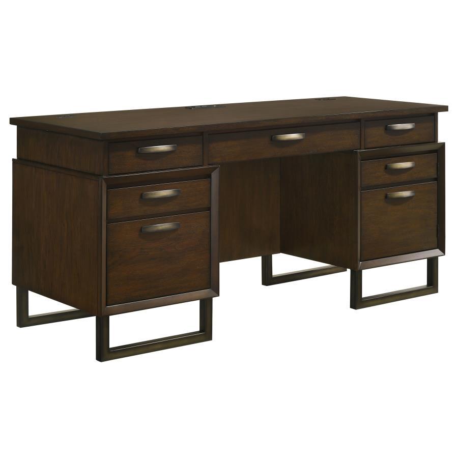 Marshall - 5-Drawer Credenza Desk With Power Outlet - Dark Walnut and Gunmetal