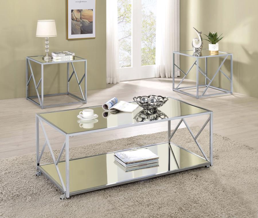 Provins - 3-Piece Occasional Table Set - Clear Mirror And Chrome