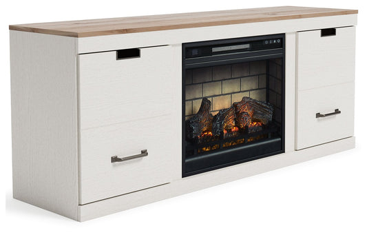 Vaibryn - White / Brown - 60" TV Stand With Faux Firebrick Fireplace Insert