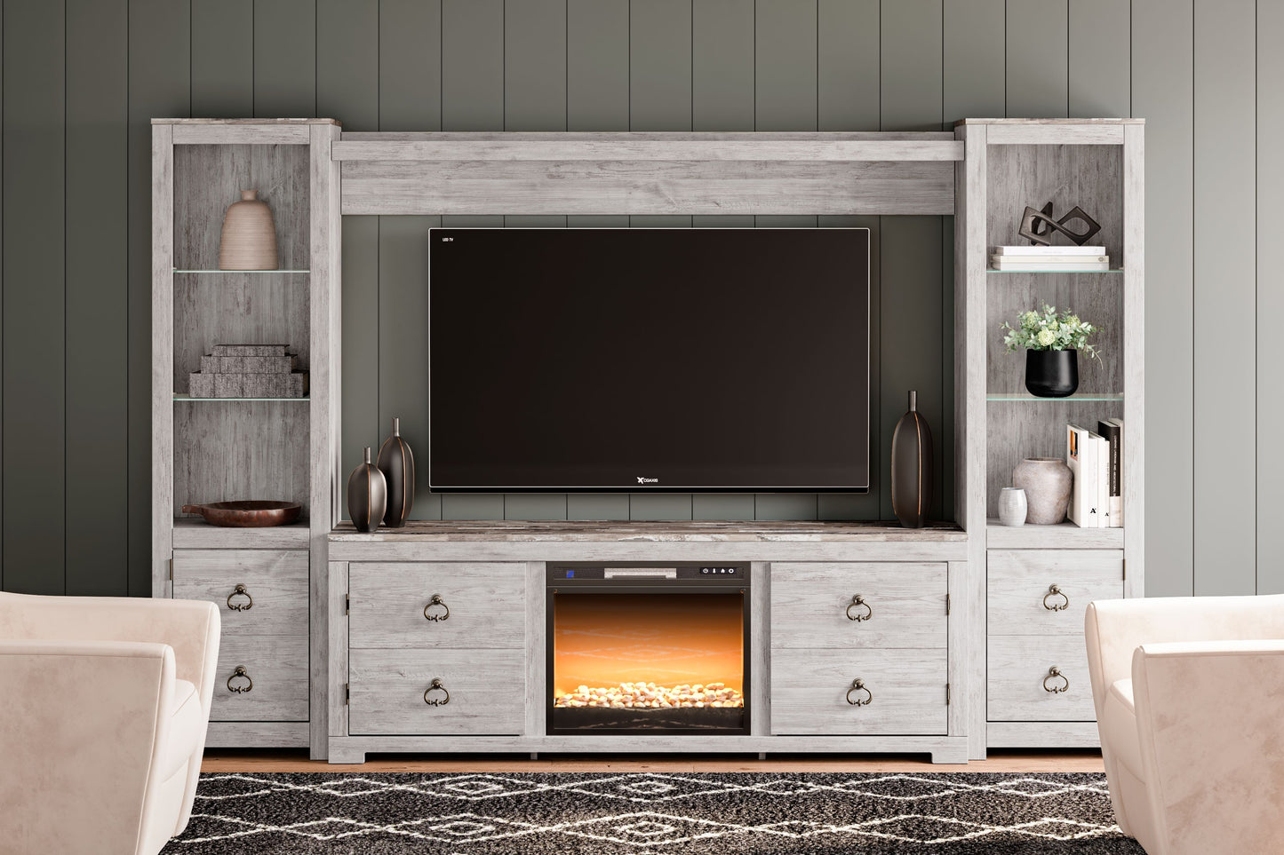 Willowton - Whitewash - 4-Piece Entertainment Center With 72" TV Stand And Glass/Stone Fireplace Insert